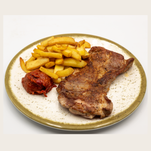 Бабина пържола на тиган с картофи и  домашен айвар 