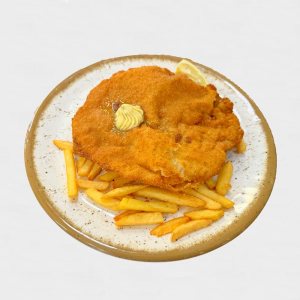 Шницел по виенски с пържени картофи и билково 